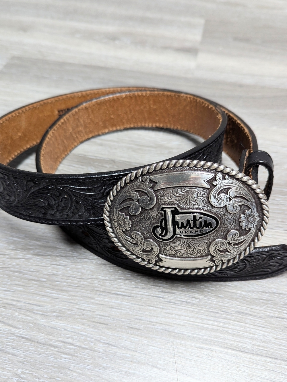 Justin Brand Western Belt Size 38 Tooled Black Cowhide Made In USA